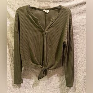 Khaki Waffle Knit Tie-Front Blouse